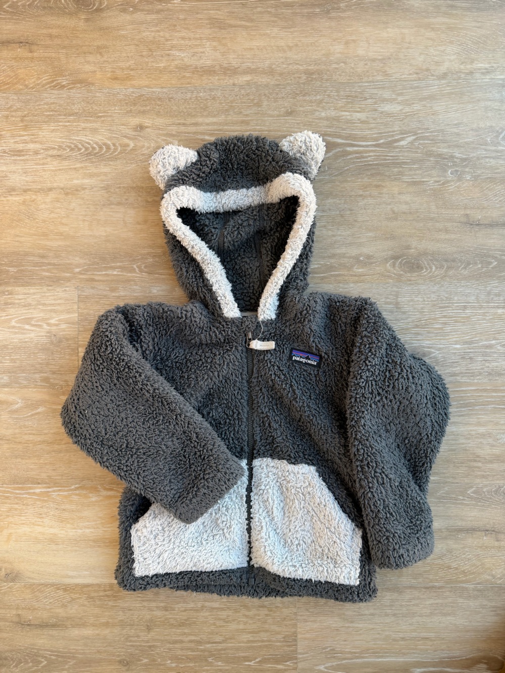 Kids Patagonia Sherpa Fleece Hooded Jacket - Dark Gray with Cream Trim